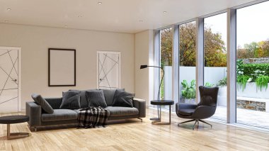 Büyük lüks, modern, parlak iç mekanlar. Oturma odası tasviri. 3D görüntüleme.