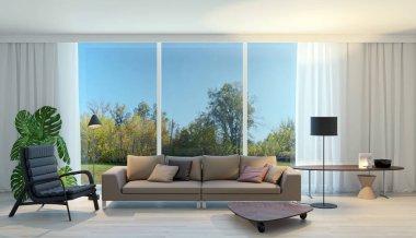 Büyük lüks, modern, parlak iç mekanlar. Oturma odası tasviri. 3D görüntüleme.