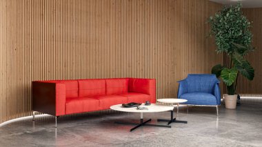 Büyük lüks, modern, parlak iç mekanlar. Oturma odası tasviri. 3D görüntüleme.