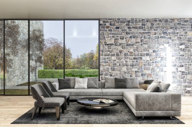 Büyük lüks, modern, parlak iç mekanlar. Oturma odası tasviri. 3D görüntüleme.