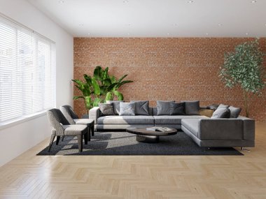 Büyük lüks, modern, parlak iç mekanlar. Oturma odası tasviri. 3D görüntüleme.