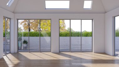 Büyük lüks, modern, parlak iç mekanlar. Oturma odası tasviri. 3D görüntüleme.