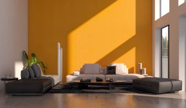 Büyük lüks, modern, parlak iç mekanlar. Oturma odası tasviri. 3D görüntüleme.