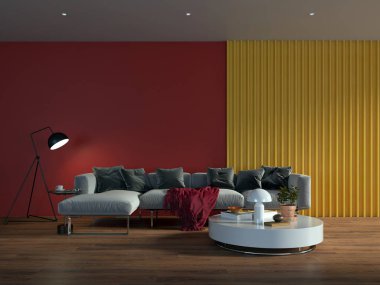 Büyük lüks, modern, parlak iç mekanlar. Oturma odası tasviri. 3D görüntüleme.