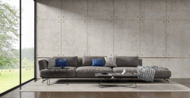 Büyük lüks, modern, parlak iç mekanlar. Oturma odası tasviri. 3D görüntüleme.