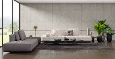Büyük lüks, modern, parlak iç mekanlar. Oturma odası tasviri. 3D görüntüleme.