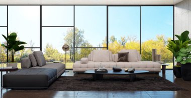 Büyük lüks, modern, parlak iç mekanlar. Oturma odası tasviri. 3D görüntüleme.