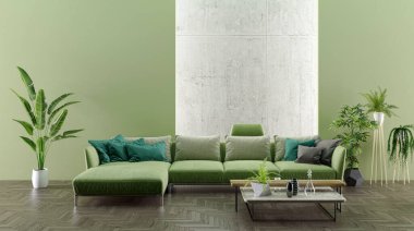 Büyük lüks, modern, parlak iç mekanlar. Oturma odası tasviri. 3D görüntüleme.