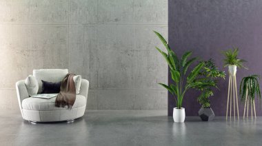 Büyük lüks, modern, parlak iç mekanlar. Oturma odası tasviri. 3D görüntüleme.