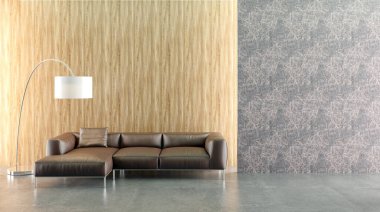 Büyük lüks, modern, parlak iç mekanlar. Oturma odası tasviri. 3D görüntüleme.