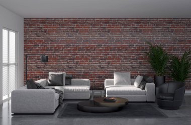 Büyük lüks, modern, parlak iç mekanlar. Oturma odası tasviri. 3D görüntüleme.