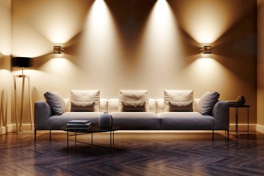 Büyük lüks, modern, parlak iç mekanlar. Oturma odası tasviri. 3D görüntüleme.