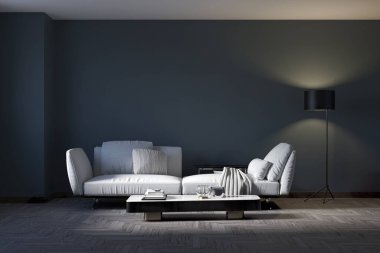 Büyük lüks, modern, parlak iç mekanlar. Oturma odası tasviri. 3D görüntüleme.