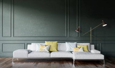 3D tasviri, büyük lüks, modern, parlak iç mekânlar sunuyor. Oturma odasındaki model bilgisayarlar dijital olarak oluşturuluyor.