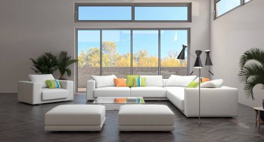 3D tasviri, büyük lüks, modern, parlak iç mekânlar sunuyor. Oturma odasındaki model bilgisayar dijital olarak üretiliyor.