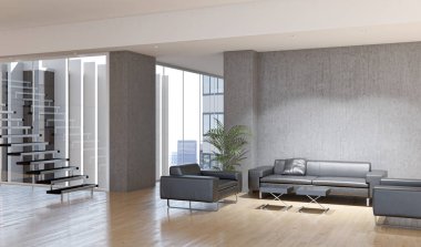 3D tasviri, büyük lüks, modern, parlak iç mekânlar sunuyor. Oturma odasındaki model bilgisayarlar dijital olarak oluşturuluyor.