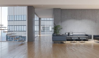 3D tasviri, büyük lüks, modern, parlak iç mekânlar sunuyor. Oturma odasındaki model bilgisayarlar dijital olarak oluşturuluyor.