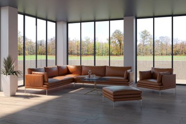 3D tasviri, büyük lüks, modern, parlak iç mekânlar sunuyor. Oturma odasındaki model bilgisayarlar dijital olarak oluşturuluyor.