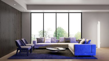 3D tasviri, büyük lüks, modern, parlak iç mekânlar sunuyor. Oturma odasındaki model bilgisayarlar dijital olarak oluşturuluyor.