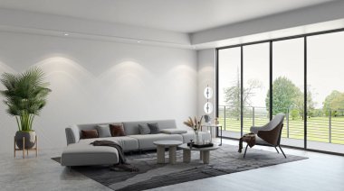 3D tasviri, büyük lüks, modern, parlak iç mekânlar sunuyor. Oturma odasındaki model bilgisayarlar dijital olarak oluşturuluyor.