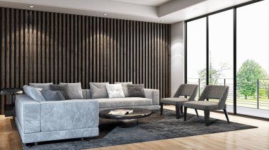 3D tasviri, büyük lüks, modern, parlak iç mekânlar sunuyor. Oturma odasındaki model bilgisayarlar dijital olarak oluşturuluyor.