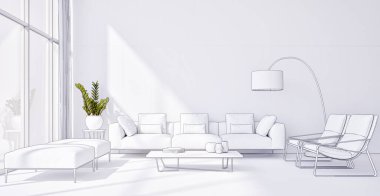 3D tasviri, büyük lüks, modern, parlak iç mekânlar sunuyor. Oturma odasındaki model bilgisayarlar dijital olarak oluşturuluyor.