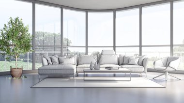 3D tasviri, büyük lüks, modern, parlak iç mekânlar sunuyor. Oturma odasındaki model bilgisayarlar dijital olarak oluşturuluyor.