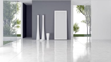 3D tasviri, büyük lüks, modern, parlak iç mekânlar sunuyor. Oturma odasındaki model bilgisayarlar dijital olarak oluşturuluyor.