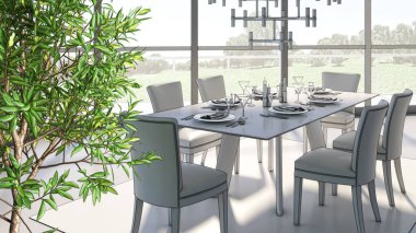 3D tasviri, büyük lüks, modern, parlak iç mekânlar sunuyor. Oturma odasındaki model bilgisayarlar dijital olarak oluşturuluyor.