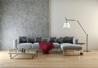 3D tasviri, büyük lüks, modern, parlak iç mekânlar sunuyor. Oturma odasındaki model bilgisayarlar dijital olarak oluşturuluyor.