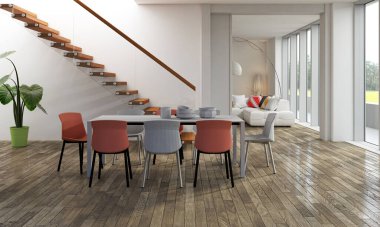 3D tasviri, büyük lüks, modern, parlak iç mekânlar sunuyor. Oturma odasındaki model bilgisayarlar dijital olarak oluşturuluyor.