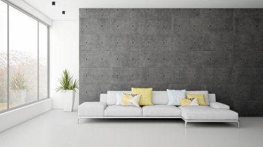 3D tasviri, büyük lüks, modern, parlak iç mekânlar sunuyor. Oturma odasındaki model bilgisayarlar dijital olarak oluşturuluyor.