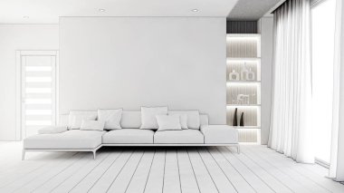 3D tasviri, büyük lüks, modern, parlak iç mekânlar sunuyor. Oturma odasındaki model bilgisayarlar dijital olarak oluşturuluyor.