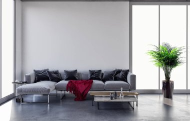 3D tasviri, büyük lüks, modern, parlak iç mekânlar sunuyor. Oturma odasındaki model bilgisayarlar dijital olarak oluşturuluyor.