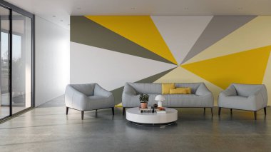 3D tasviri, büyük lüks, modern, parlak iç mekânlar sunuyor. Oturma odasındaki model bilgisayarlar dijital olarak oluşturuluyor.