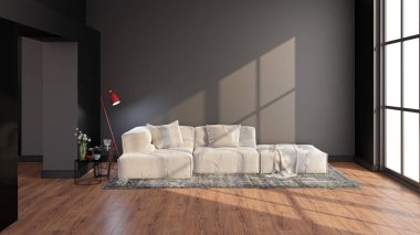 3D tasviri, büyük lüks, modern, parlak iç mekânlar sunuyor. Oturma odasındaki model bilgisayarlar dijital olarak oluşturuluyor.