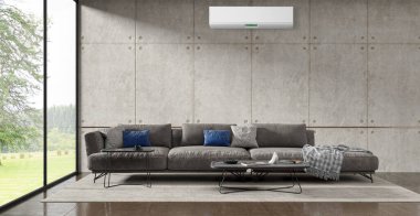 Büyük lüks, modern, aydınlık bir oturma odası. Klima modelleme çizimi 3D.