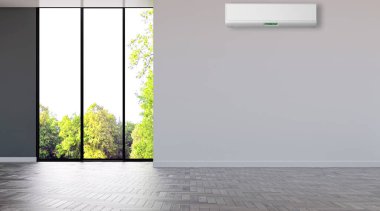 Büyük lüks, modern, aydınlık bir oturma odası. Klima modelleme çizimi 3D.