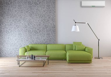 Büyük lüks, modern, aydınlık bir oturma odası. Klima modelleme çizimi 3D.