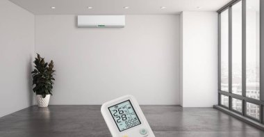 Büyük lüks, modern, aydınlık bir oturma odası. Klima modelleme çizimi 3D.