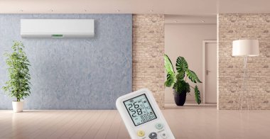 Büyük lüks, modern, aydınlık bir oturma odası. Klima modelleme çizimi 3D.