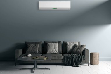 Büyük lüks, modern, aydınlık bir oturma odası. Klima modelleme çizimi 3D.