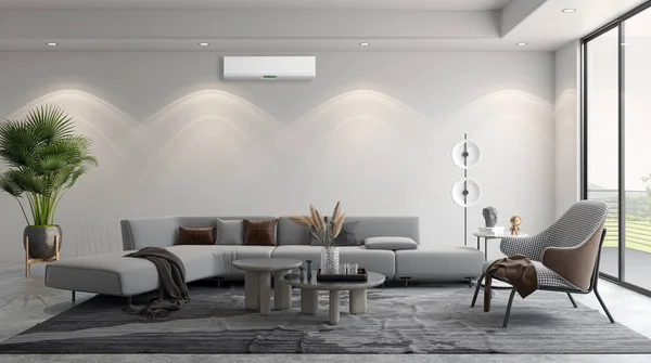 Velký Luxusní Moderní Světlé Interiéry Obývací Pokoj Klimatizací Mockup Ilustrace — Stock fotografie