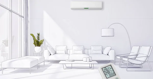 Grote Luxe Moderne Lichte Interieurs Woonkamer Met Airconditioning Mockup Illustratie — Stockfoto