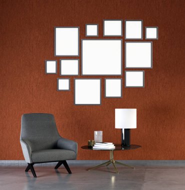 3D tasviri, büyük lüks, modern, parlak iç mekânları çerçeve modellemeli bilgisayarla dijital olarak oluşturulmuş oturma odasıyla donatıyor.