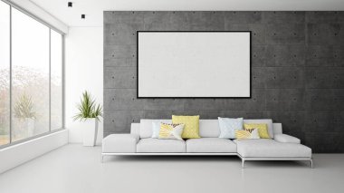 3D tasviri, büyük lüks, modern, parlak iç mekânları çerçeve modellemeli bilgisayarla dijital olarak oluşturulmuş oturma odasıyla donatıyor.