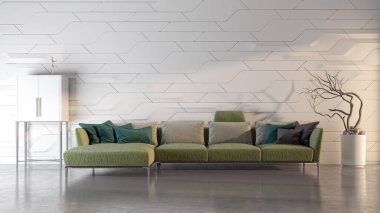 3D tasviri, büyük lüks, modern, parlak iç mekânlar sunuyor. Oturma odasındaki model bilgisayarlar dijital olarak oluşturuluyor.