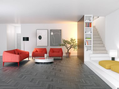 3D tasviri, büyük lüks, modern, parlak iç mekânlar sunuyor. Oturma odasındaki model bilgisayarlar dijital olarak oluşturuluyor.