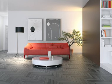 3D tasviri, büyük lüks, modern, parlak iç mekânlar sunuyor. Oturma odasındaki model bilgisayarlar dijital olarak oluşturuluyor.