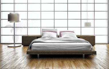 Modern, parlak yatak odası içerisi 3D resimleme bilgisayarı oluşturulmuş resim